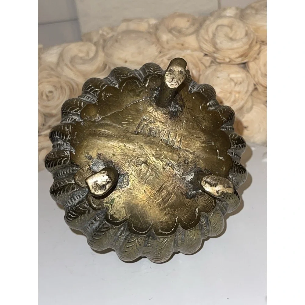Antique Indian Cast Bronze Mughal‎ Footed Ink Well w/ Peacock Lid & Fluted Sides
